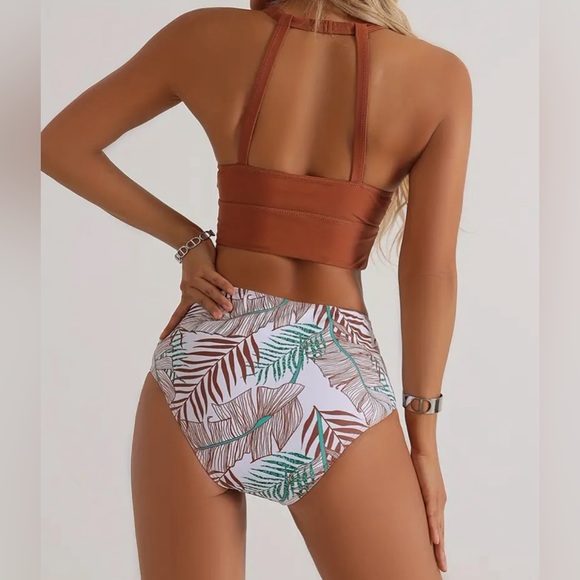 NIB High Waist Leaf Print  Bikini, Contrast Print Bathing Suit - Picture 3 of 9